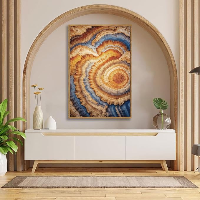 BingruiArt Large Framed Tree Ring Wall Art Wood Canvas Colorful Boho Wall Decor Rustic Artwork Abstract Painting Farmhouse Picture Nature Print for Living Room Bedroom Bathroom 24"x36" Natural Framed(09)
