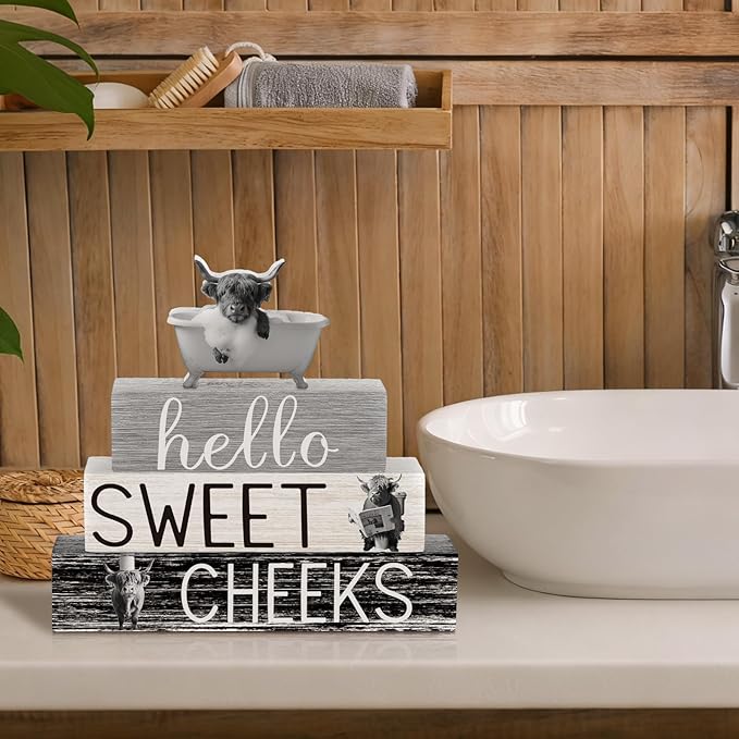 4 Pcs Funny Highland Cow Bathroom Decor Farmhouse Adult Cow Bathroom Decoration Western Hello Sweet Cheeks Table Centerpiece Christmas