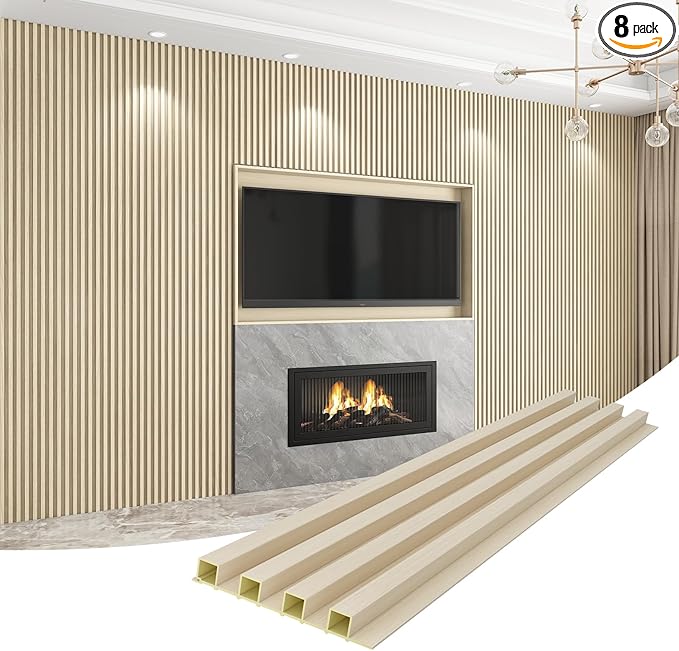8-Pack WPC Wall Panels 108’’ x 6.1’’ 3D Slat Wall Panel Acoustic Wall Paneling for Interior Wall Decor TV Background Kitchen Bedroom Natural Wood