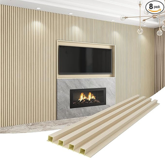8-Pack WPC Wall Panels 108’’ x 6.1’’ 3D Slat Wall Panel Acoustic Wall Paneling for Interior Wall Decor TV Background Kitchen Bedroom Natural Wood