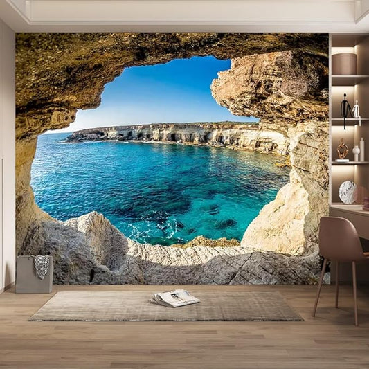 Cave Scenery Removable Decor Paintings, Sky Ocean Peel and Stick Wall Mural 3D Wallpaper for Bedroom Living Room Children's Room Sofa Background Wall,99" W x 66" H