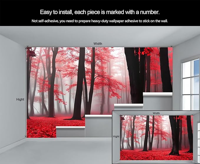 Misty Forest Mural Wallpaper, Red Forest Murals, 3D Natural Landscape Murals Wallpaper for Living Room Bedroom Home Decor Mural - 98.4" W x 68.23" H (Not Peel Stick)