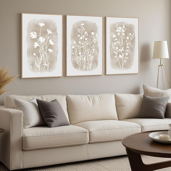 Neutral Wildflower Wall Art Framed Boho Botanical Large Vintage Farmhouse Minimalist Floral Beige Canvas Wall Decor Prints for Living Room Bedroom Office, 3 Panels, 24x36 Inch