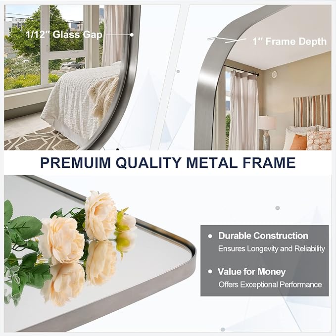 ANDY STAR Brushed Nickel Bathroom Mirror, 24x48 Oblong Mirror with Stainless Steel Metal Frame, Silver Oval Vanity Mirror for Over Sink, Modern Anti Rust Wall Mounted