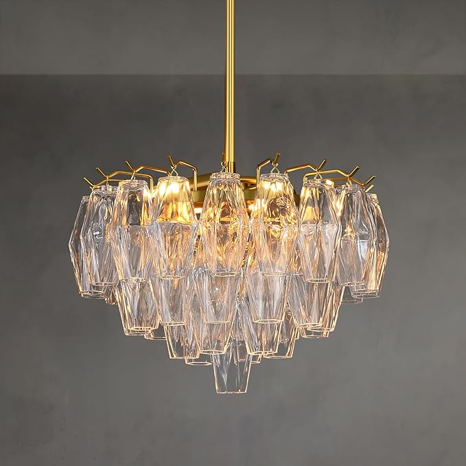 Modern Crystal Chandelier, 17'' Gold Chandeliers for Dining Room, Round Glass Crystal Brass Tiered Pendant Light Chandelier for Living Room, 3-Tier Luxury Chandeliers, Kitchen Island Light Fixture