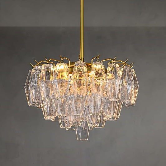 Modern Crystal Chandelier, 17'' Gold Chandeliers for Dining Room, Round Glass Crystal Brass Tiered Pendant Light Chandelier for Living Room, 3-Tier Luxury Chandeliers, Kitchen Island Light Fixture