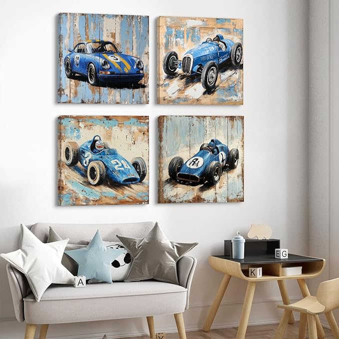 Kids Wall Art Trucks Wall Decor Rustic Farmhouse Racing Car Wall Art for Nursery Room Kindergarten Dormitory Home Decorations Cartoon Themed Vehicles Poster Toddler Boys Modern Artworks 20x20" 4 Pcs