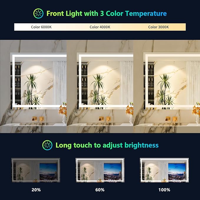 60x40 Inch RGB LED Bathroom Mirror Front Light and RGB Backlit Lighted Vanity Mirror for Bathroom Wall Mounted Dimmable Anti Fog Memory Shatter-Proof IP54 Waterproof Horizontal/Vertical