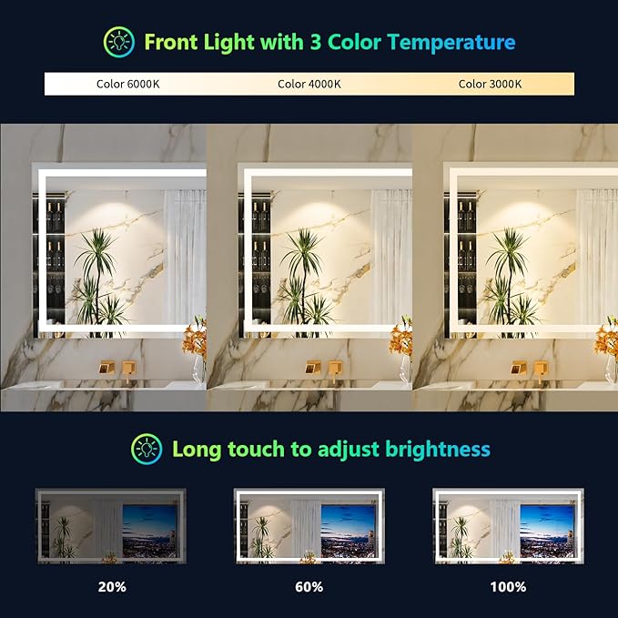 60x36 Inch RGB LED Bathroom Mirror Front Light and RGB Backlit Lighted Vanity Mirror for Bathroom Wall Mounted Dimmable Anti Fog Memory Shatter-Proof IP54 Waterproof Horizontal/Vertical