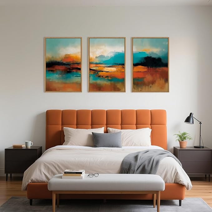 Large Abstract Burnt Orange Framed Canvas Wall Art,Neutral Blue and Black Wall Decor,Modern Brush Stroke Artwork,Minimalist Watercolor Art Print for Living Room,Bedroom,Office- 16"x24"x3