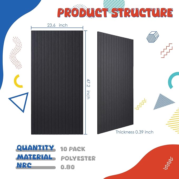 10 Pack Large Acoustic Panels,47.2" X 23.6" Acoustical Wall Panel,Self-Adhesive Sound Proof Panel for Office, Decorative Soundproof Wall Panels for Home Studio (Black)