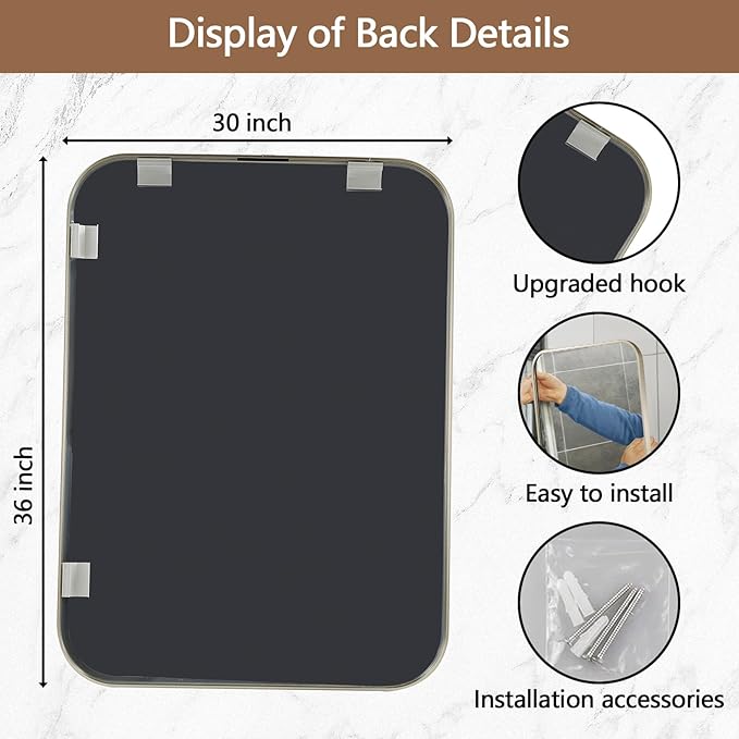 30x36 Inch Brushed Nickel Bathroom Mirror, Framed Rectangle Mirror with Rounded Corner, Brushed Mirror, Silver Bathroom Mirror for Over Sink, Vanity, Living Room, Bedroom, Horizontal/Vertical