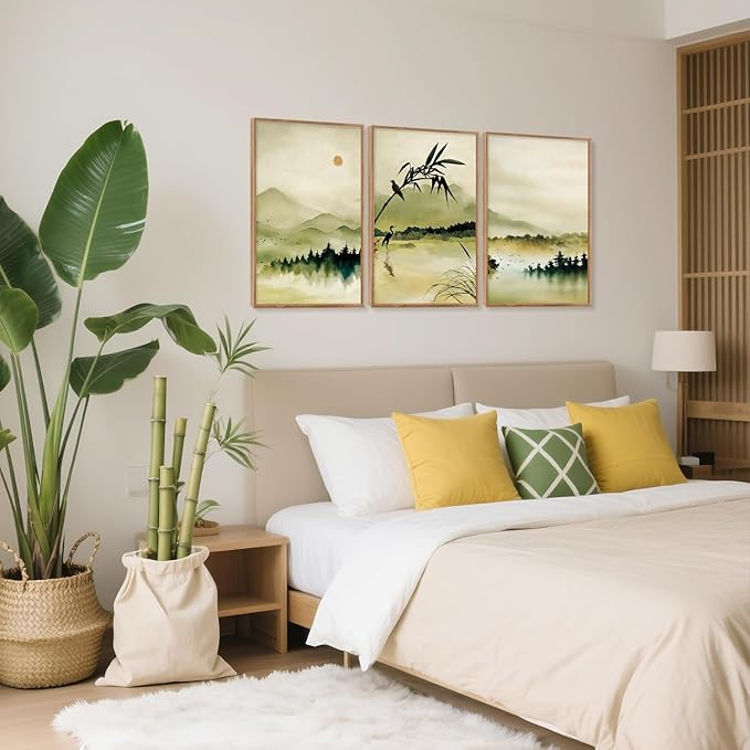 CHDITB Zen Landscape Framed Canvas Wall Art Set, Green Ink Wash Wall Decor, Mountain Lake Bamboo Art Spiritual Wall Painting, Vintage Ink Wash Art Prints for Living Room, Bedroom, Office-16 x24 x3
