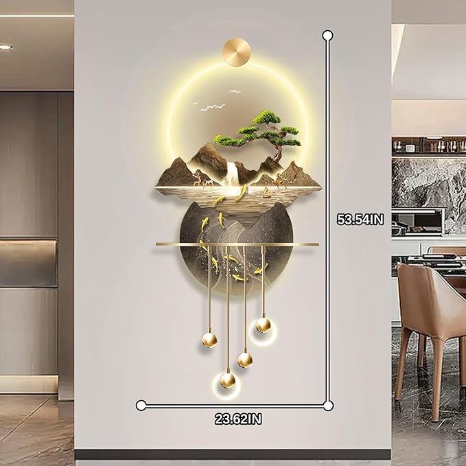 23.64x53.54IN 3D Wall Sculptures Hanging with Led Light Modern Art Deco Lighting Wall Art Decorations Lamp Wall Art Decor with Metal Ball Pendant for Friends(Yellow 2)