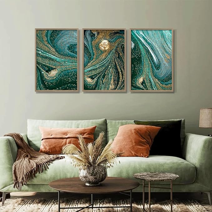 3pcs Wood Framed Green Abstract Canvas Wall Art - Abstract Green Black Gold Fluid Artwork - Modern Green Gold Abstract Prints Posters - Living Room Bedroom Decorative Paintings Gallery Style Wall Hanging Pictures