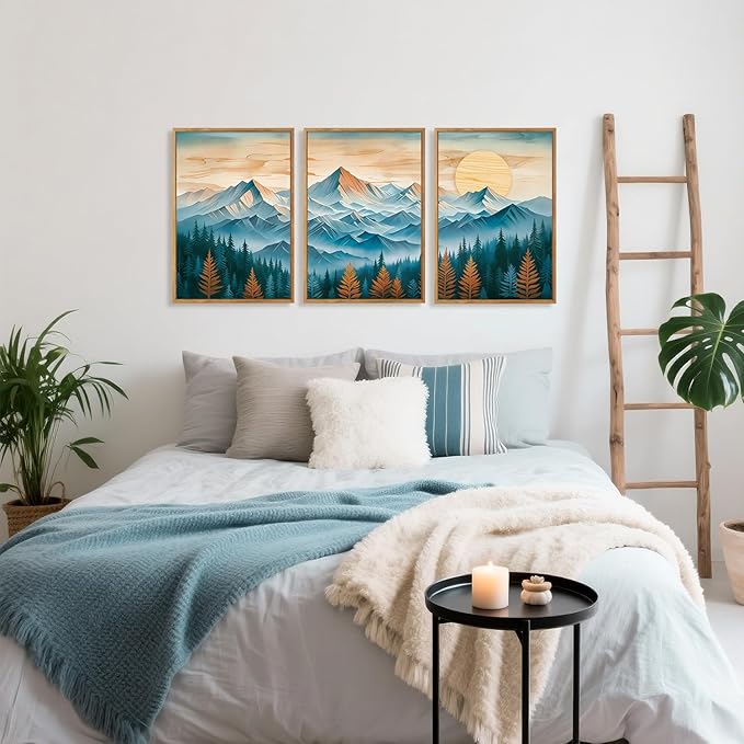 CHDITB Mountain Landscape Framed Canvas Wall Art Set, Nature Forest Inspired Wall Decor, Sunset Art Spiritual Wall Painting, Vintage Woodcut Art Prints for Living Room, Bedroom, Office-16 x24 x3