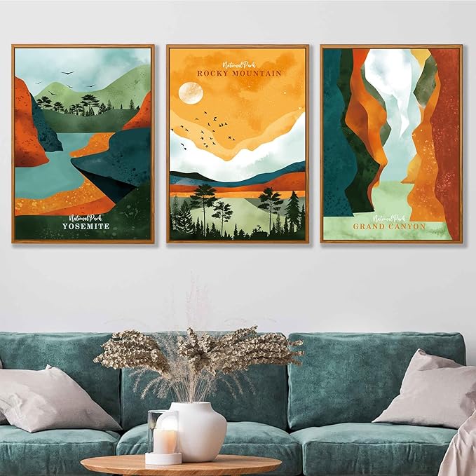 CHDITB National Park Framed Canvas Wall Art Set, Grand Canyon Yosemite Rocky Mountain Wall Decor, Forest Lake Wall Painting, Nature Landscape Art Prints for Living Room, Bedroom, Office - 16"x24"x3