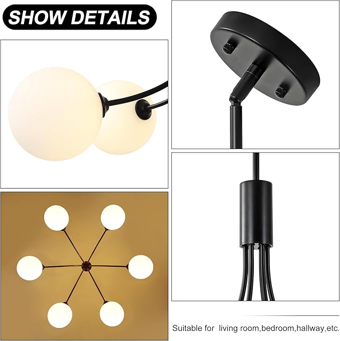 6-Light Modern Farmhouse Black Chandelier, Mid Century Dining Room Light Fixtures Over Table, Hanging Sputnik Chandelier for Kitchen Island Living Room Bedroom Office, Milk White Globe Glass Shade