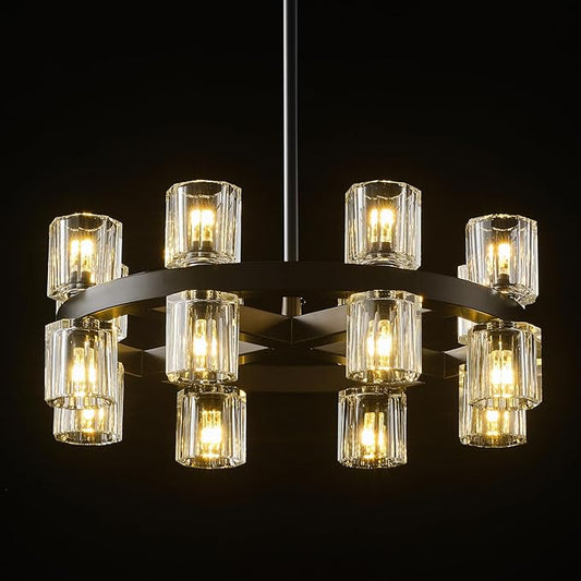 Black Wagon Wheel Chandelier, 18" Modern Farmhouse Chandelier, 16-Light Chandelier for Living Room, K9 Crystal Chandeliers for Dining Room (Bulbs Included)