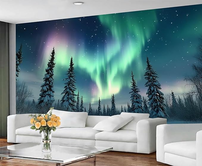 Aurora Borealis Mural Wallpaper, Starry Forest Murals, 3D Forest Landscape Murals Wallpaper for Living Room Bedroom Home Decor Mural - 59" W x 39.13" H (Not Peel Stick)