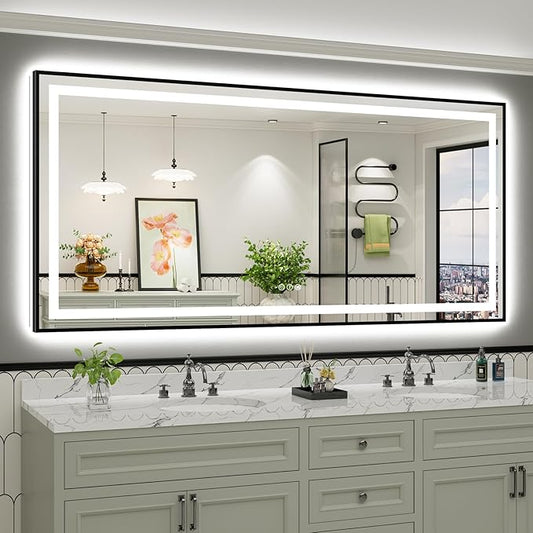 84x40 Inch LED Bathroom Mirror with Black Frame, Backlit & Front Lit, Anti-Fog Lighted Bathroom Vanity Mirror for Wall, Memory Function, Dimmable, HD Tempered Glass, Shatter-Proof