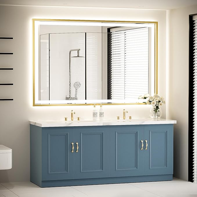 55X36 Inch Led Bathroom Mirror,Frontlit and Backlit Lighted Mirror,Gold Metal Frame Vanity Mirror for Wall,Double Lights Strips,Anti Fog Stepless 3 Colors Temperature & Dimmable