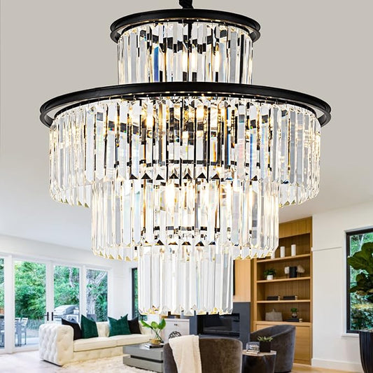 23" 14-Light Modern Crystal Chandelier Light Fixtures 4-Tier Black Luxury Chandeliers for Dining Room Round Hanging Pendant Lighting for Living Room Kitchen Entryway Bedroom Foyer Hallway