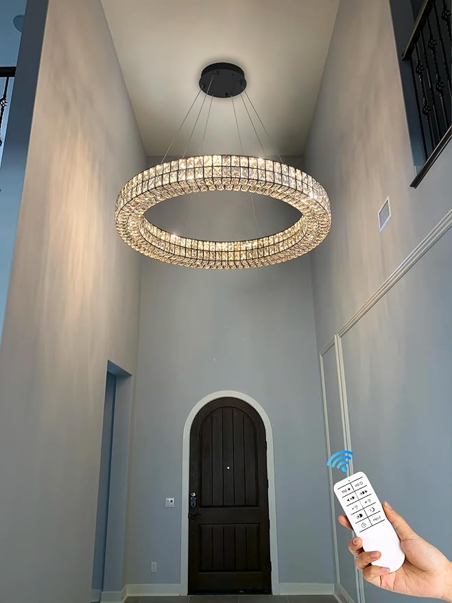 Modern 32 inch Black Led Ring Chandelier Dimmable Crystal Chandelier for Living Room Dining Room Adjustable Ring Pendant Light