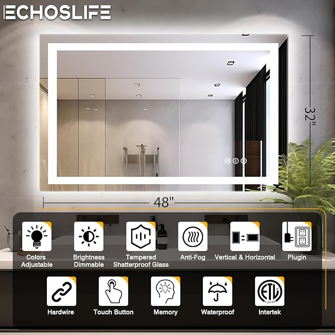48"x32" LED Bathroom Mirrors for Wall, Front and Backlit Mirror, Anti-Fog Vanity Mirror with Lights, Stepless Dimmable Lighted Mirror, 3 Colors Smart Mirror (Horizontal/Vertical)