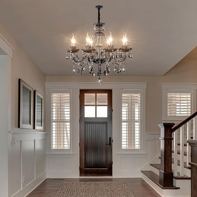 Luxurious Smoky Gray Crystal Chandelier for Living Room, Antique 6-Lights Teardrop Candle Chandelier Pendant Ceiling Lighting Fixture for Kitchen Dinner Party Closet Entryway of CRYSTOP