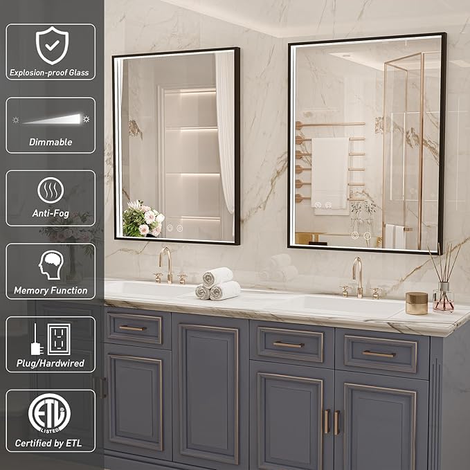 36x28 Inch LED Bathroom Mirror with Light,Black Metal Frame Lighted Vanity Anti Fog Dimmable Touch Switch