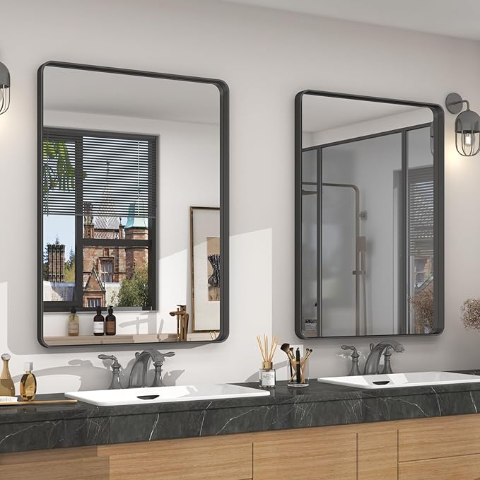 2 Pack of 22x30 Inch Black Metal Framed Bathrrom Mirror, Black Matte Rounded Rectangle Bathroom Vanity Mirror, Anti-Rust, Hangs Horizontally or Vertically