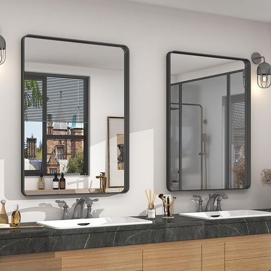 2 Pack of 22x30 Inch Black Metal Framed Bathrrom Mirror, Black Matte Rounded Rectangle Bathroom Vanity Mirror, Anti-Rust, Hangs Horizontally or Vertically