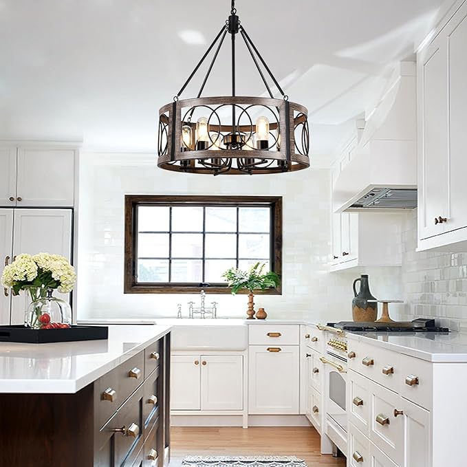 21.6'' Farmhouse Chandelier for Dining Room 6-Light Rustic Chandeliers Metal Black and Wood Grain Finish Drum Light Fixture for Bedroom Living Room Entryway Foyer Kitchen Island Lighting, E26