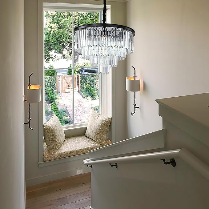 Black Modern Crystal Chandelier Lighting K9 Crystal Round Chandelier Hanging Ceiling Light Fixture 4-Tier Contemporary Crystal Pendant Light for Dining Room Living Room Bedroom 23.6inch