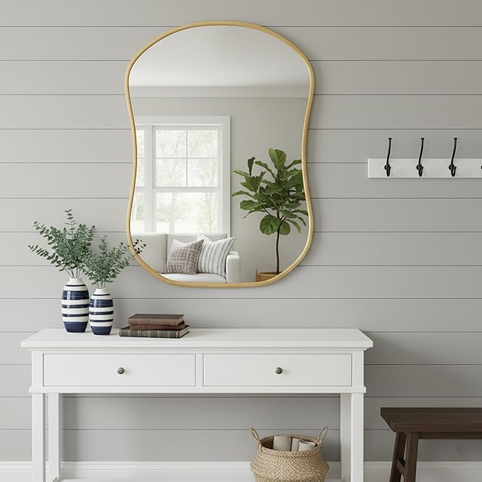 Asymmetrical Wall Mirror 24 * 32 Gold Irregular Abstract Shatter-Proof Aluminum Alloy Decorative Wavy Framed Makeuop Mirrors for Bathroom, Bedroom, Cloakroom, Entryway