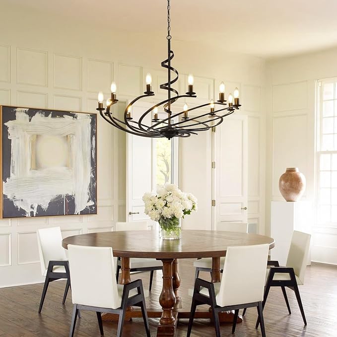 Black Chandelier, 12-Light Farmhouse Chandeliers for Dining Room, Rustic Kitchen Island Lighting, Modern Chandelier for Living Room, Hanging Pendant Lights for Bedroom, Foyer, Staircase, Entry