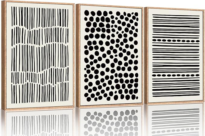 KAIRNE 3Pcs Black and White Boho Framed Canvas Wall Art Set, Minimalist Geometric Line Wall Decor, Abstract Black Wall Painting, Modern Neutral Art Print for Living Room, Bedroom, Kitchen 24x36inch