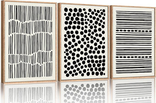 KAIRNE 3Pcs Black and White Boho Framed Canvas Wall Art Set, Minimalist Geometric Line Wall Decor, Abstract Black Wall Painting, Modern Neutral Art Print for Living Room, Bedroom, Kitchen 24x36inch
