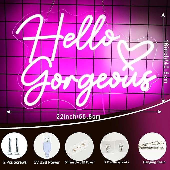 Neonwall Hello Gorgeous Neon Sign for Wedding, Led Neon Light Sign for Bedroom Room Decor Birthday Party USB Operated Game Center Neon Light for Art Gift 22" （Pink +White Heart)