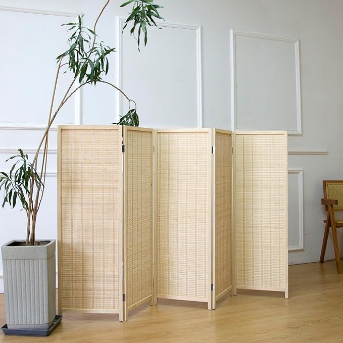 5 Panel Room Divider Short Folding Screen Divider,Double Sided Bamboo Panel Divider for Room Separation,Beige,47.2" H x 76.75" W