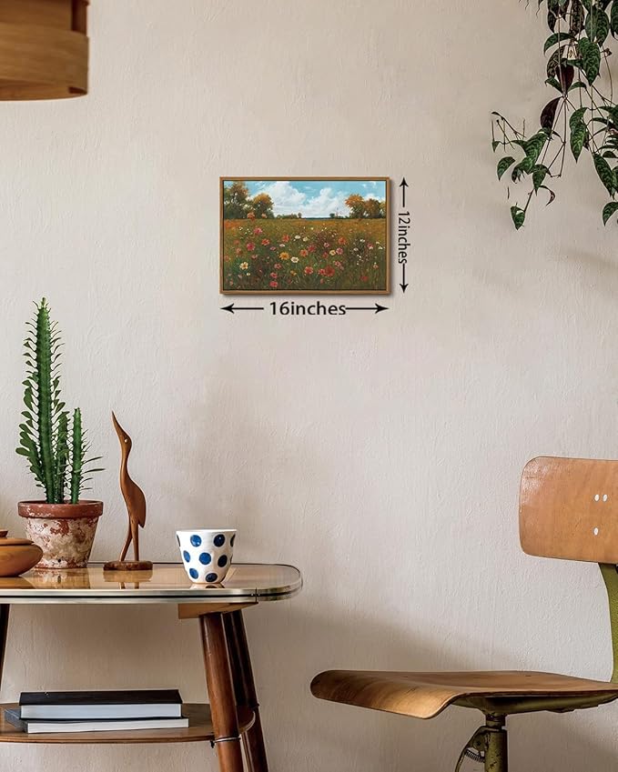 KISSFOX Vintage Landscape Framed Wall Art Autumn Farmhouse Wildflower Field Canvas Art Natural Fall Countryside Paintings Artwork Rustic Art Prints For Bedroom Bathroom Living Room