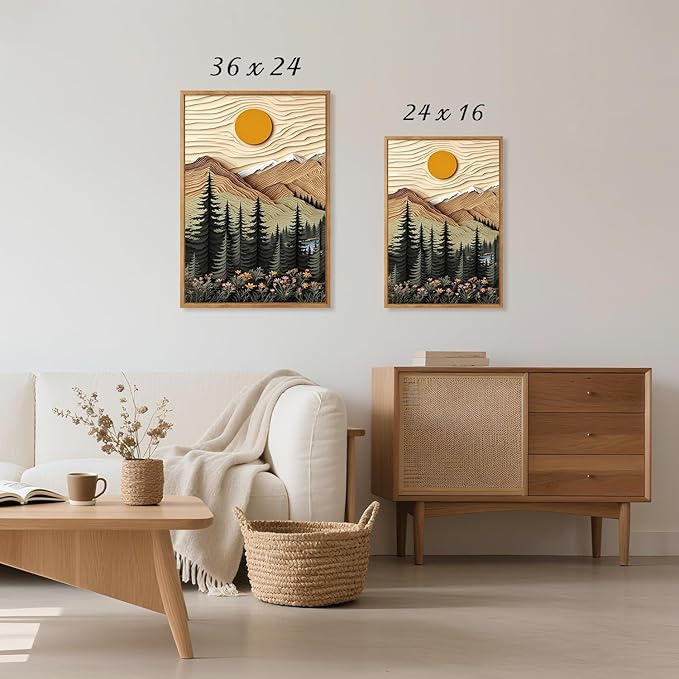 CHDITB Mountain Landscape Framed Canvas Wall Art Set, Forest Nature Wall Decor, Lake Pine Trees Artwork Country Woodcut Painting, Vintage Wilderness Art Prints For Living Room Bedroom Office 24"x36"x3