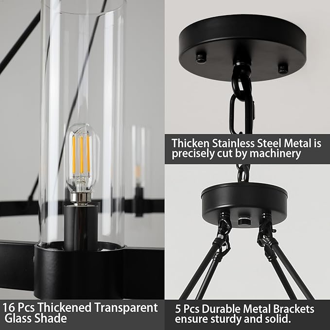 48" Black Wagon Wheel Chandelier, 16-Light Farmhouse Round Pendant Light Fixture with Glass Shade, Large Hanging High Ceilings Chandeliers for Dining Room Kitchen Foyer Entryway Living Room