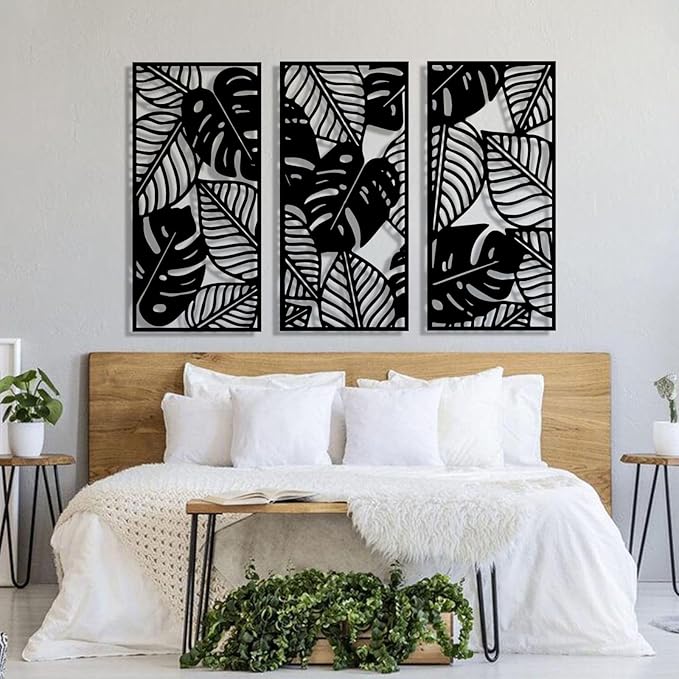 3 Pcs Large Leaves Metal Wall Art, Tropical Palm Leaf Wall Decor, Boho Leaves Wall Art Decor, Hanging Tropical Wall Decor for Living Room Bedroom Outdoor (37x18 inches / 94x45 cm x3 PCS, Gold)