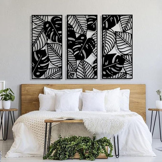 3 Pcs Large Leaves Metal Wall Art, Tropical Palm Leaf Metal Wall Decor, Boho Metal Leaves Wall Art Decor, Metal Hanging Tropical Wall Decor for Living Room Bedroom Outdoor (41x20 inches / 104.5x50x3 PCS, Black)