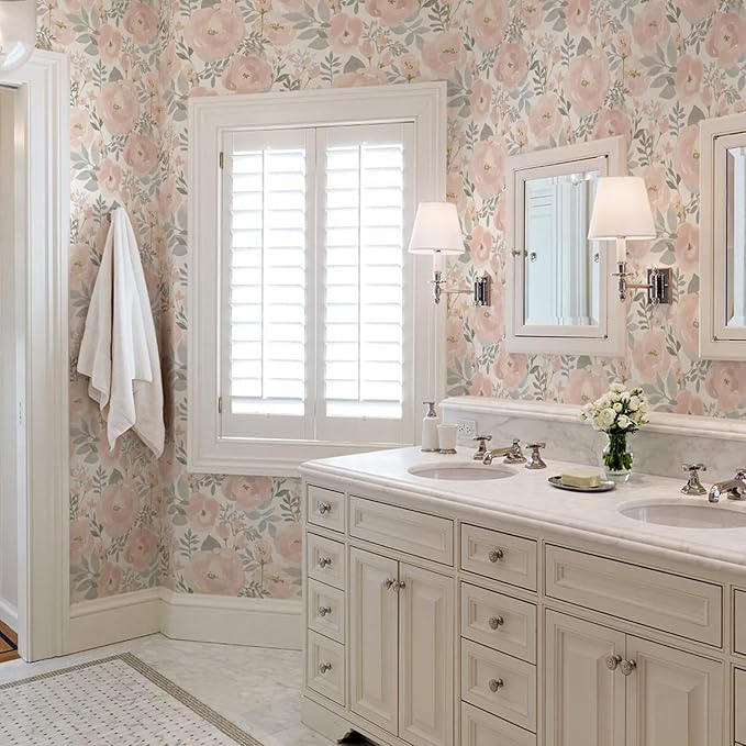 Orainege Peel and Stick Wallpaper Floral Wall Paper 17.3in x196.8in Floral Contact Paper Peony Self Adhesive Removable Wallpaper for Cabinets Walls Shelf Liner, Light Pink