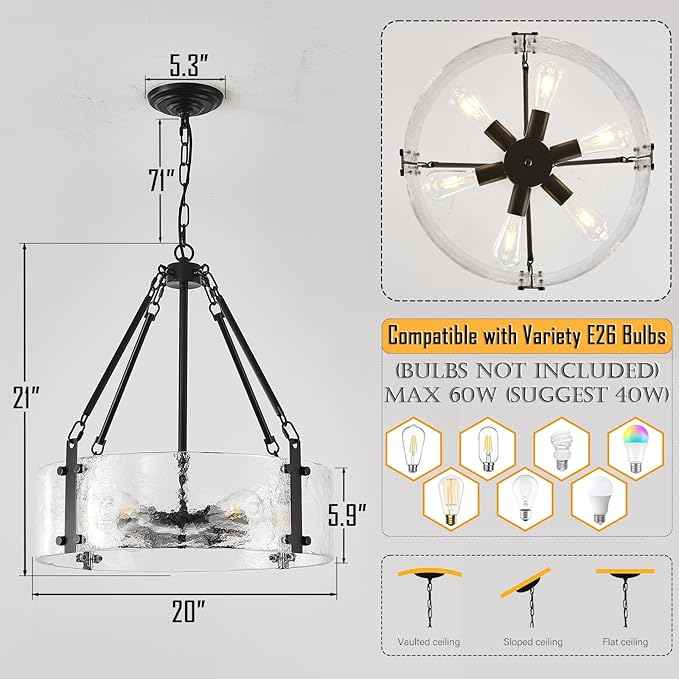 Black Dining Room Chandelier 20” Modern Textured Glass Chandelier 6-Light Drum Crystal Light Fixture Vintage Farmhouse Round Hanging Lighting for Kitchen Island Over Table