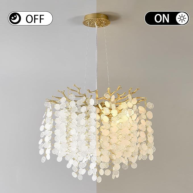 18-Inch Coastal Chandelier, 6-Light Gold Tree Branch Chandelier, Modern Foyer Bedroom Chandeliers with Adjustable Height, Round Crystal Pendant Light Fixtures for Entryway Dining Room, E12