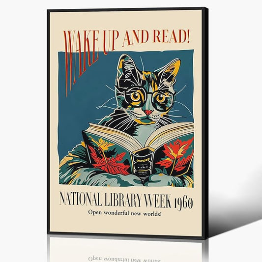 Cat and Book Poster, Wake Up and Read Inspiring Wall Art Canvas, Retro 1960 National Library Week Wall Art, Reading Art for Book Lover, Classic Gallery Wall Decor 16x24in Framed